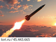 Intercontinental ballistic missile launching at sunset. Стоковое AI-изображение, AI-художник Иван Рябоконь / Фотобанк Лори