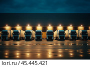 Red trucks parked at a bustling logistics hub area in a row. Lineup of several trucks in the truck parking fully prepared, ready for deliveries. Van transportation truck park. Warehouse distribution. Стоковое AI-изображение, AI-художник Марина Демидюк / Фотобанк Лори