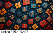 A midnight blue canvas, rich and deep, is playfully scattered with vibrant gift boxes. Emerald, ruby, and gold hues pop against the dark backdrop, creating a joyful contrast. Стоковое AI-изображение, AI-художник Ярославский Максим / Фотобанк Лори