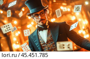 Magician performing a card trick with sparks and playing cards. Стоковое AI-изображение, AI-художник Юрий Поздников / Фотобанк Лори
