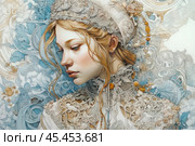 A delicate artistic illustration depicting a young girl with delicate features in profile. She is dressed in a detailed outfit with elements of exquisite lace and intricate embroidery, executed in light colors. The headdress is decorated with decorative patterns, and the hair is neatly styled, complementing the sophisticated image. The background is composed of soft shades of blue and cream, decorated with exquisite floral and ornamental details that harmoniously complement the composition. The painting is executed in the style of artistic fantasy with attention to small details, conveying an atmosphere of elegance and sophistication. This image is ideal for themes related to art, fashion, history, as well as for book covers and other creative projects. Стоковое AI-изображение, AI-художник Анна Кривицкая / Фотобанк Лори