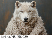 A unique portrait of a white wolf in symbolic sheepskin, executed in an artistic style. The wolf is depicted in the center of the frame with a piercing gaze expressing wisdom and hidden menace. The fur is detailed, and the texture of the sheepskin adds symbolism and depth to the image. The background is done in calm gray-brown tones, which emphasizes the drama of the composition. The painting conveys the idea of ​​a hidden essence and duplicity, ideal for conceptual projects, book covers or visual content related to philosophy, nature or art. Стоковое AI-изображение, AI-художник Анна Кривицкая / Фотобанк Лори