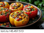 A bright and appetizing dish — baked stuffed bell peppers. The yellow and red peppers are filled with a mixture of vegetables, cereals (presumably couscous) and fresh herbs. The surface of the peppers is slightly browned, which gives the dish an appetizing and aesthetically pleasing appearance. The dish is served on a dark plate, which emphasizes the contrast of the bright colors of the ingredients. Fresh green herbs are visible in the background, creating a feeling of freshness and homeliness. This photo is perfect for use in culinary blogs, articles on healthy eating and vegetarian recipes. Стоковое AI-изображение, AI-художник Анна Кривицкая / Фотобанк Лори