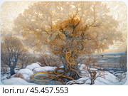 An image of a fantastic tree, executed in the style of exquisite fine art. The tree amazes with its intricate detailing: intertwined branches, reminiscent of patterns, cover the entire space, creating the illusion of a living ornament. In the background, a winter landscape with snow-covered ground and trees without leaves is visible. Warm golden tones combined with cool silver and white colors create a contrasting and at the same time harmonious atmosphere. On the horizon, you can see hot air balloons, complementing the fabulousness of the scene. The work looks like a mixture of reality and fantasy, inspiring reflections on natural magic and beauty. Стоковое AI-изображение, AI-художник Анна Кривицкая / Фотобанк Лори