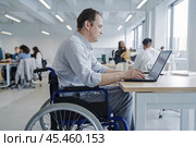 Disabled man sits in a wheelchair and works in an office on a laptop. Стоковое AI-изображение, AI-художник Дмитрий Киселёв / Фотобанк Лори