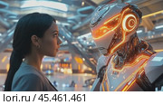Woman interacting with advanced humanoid robot in futuristic setting. Стоковое AI-видео, аниматор Юрий Поздников / Фотобанк Лори