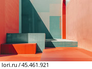The image features vibrant geometric shapes with rich colors such as terracotta, mint, and coral. Perfect for modern design projects, architectural themes, or artistic inspiration. Space for your text. Стоковое AI-изображение, AI-художник Евгений Демидюк / Фотобанк Лори