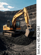 Mining excavator loading coal working in quarry mines open pit under blue sky. Digging machine works in coal mine, hauling minerals. Heavy metallurgy loads mine machinery concept. Copy ad text space. Стоковое AI-изображение, AI-художник Aleksandr Golubev / Фотобанк Лори