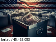 Election fraud. Corruption deceitful politician, campaign promises, bribes. Anti-corruption fight stealing money from budget. Theft of public bulletins with US American flag on background. Стоковое AI-изображение, AI-художник Sergey Grishin / Фотобанк Лори