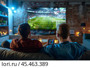 back view, at home two soccer fans on couch watch sport game on TV, online bet, celebrate when team wins championship. Friends cheer eat snacks, watch favorite football club play. Стоковое AI-изображение, AI-художник Sergey Grishin / Фотобанк Лори