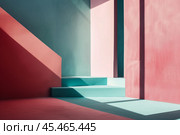The image features vibrant geometric shapes with rich colors such as terracotta, mint, and coral. Perfect for modern design projects, architectural themes, or artistic inspiration. Space for your text. Стоковое AI-изображение, AI-художник Евгений Демидюк / Фотобанк Лори