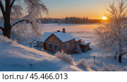Winter landscape. A rustic house in the snowdrifts. Trees in the snow and frost. An atmosphere of peace and harmony with nature. Rural life. Стоковое AI-изображение, AI-художник Photojuli / Фотобанк Лори