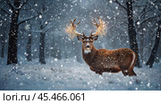 A red deer with shiny big horns in a Christmas garland in snowy weather against a forest background. Стоковое AI-изображение, AI-художник Photojuli / Фотобанк Лори