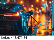 Charging station for recharging the battery with electricity using an EV charging cable in an evening city street. Innovative electric vehicle and energy sustainability. Стоковое AI-изображение, AI-художник Sergey Grishin / Фотобанк Лори