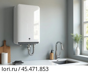 Modern home gas boiler, water heater placed in apartment. White modern home gas copper mounted on a grey wall on a kitchen. Water heater. Water heating, ecology. Стоковое AI-изображение, AI-художник Sergey Grishin / Фотобанк Лори