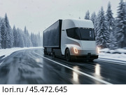 Autopilot smart self drive truck ride delivering goods scanning road covered in snow with artificial sensor information of road conditions and traffic. Transportation of goods over long distances. Стоковое AI-изображение, AI-художник Sergey Grishin / Фотобанк Лори