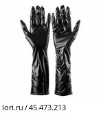 Pair of black nitrile gloves showing protection on white background. Стоковое AI-изображение, AI-художник Иван Рябоконь / Фотобанк Лори