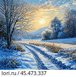 Зима, зимняя дорога, зимний лес, снег блестит в лучах зимнего Солнца. Стоковое AI-изображение, AI-художник Алексей Смирнов / Фотобанк Лори