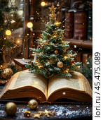 Open fairy tale book on Christmas night. New Year's decor. Festive New Year's atmosphere. Стоковое фото, фотограф Сергей Елизарьев / Фотобанк Лори