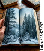 Open fairy tale book on Christmas night. New Year's decor. Festive New Year's atmosphere. Стоковое фото, фотограф Сергей Елизарьев / Фотобанк Лори