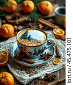 A cup of hot strong coffee with original foam, tangerines. New Year's dessert. Festive atmosphere of the New Year. Стоковое AI-изображение, AI-художник Сергей Елизарьев / Фотобанк Лори