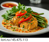 Chicken with green beans and sweet peppers in a creamy sauce. Enjoy your meal! Стоковое AI-изображение, AI-художник Сергей Елизарьев / Фотобанк Лори