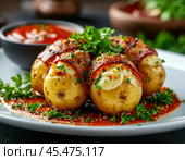 Potatoes stuffed with cheese, baked in bacon. Enjoy your meal! Стоковое AI-изображение, AI-художник Сергей Елизарьев / Фотобанк Лори