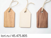 Label tag mockup. Wooden tag set hanging isolated on white background. Blank Gift or Price Tab with string cord knot. Price Label With Rope. Empty space for text. Price labeling or gift tagging. Sale. Стоковое AI-изображение, AI-художник Марина Демидюк / Фотобанк Лори