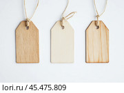 Label tag mockup. Wooden tag set hanging isolated on white background. Blank Gift or Price Tab with string cord knot. Price Label With Rope. Empty space for text. Price labeling or gift tagging. Sale. Стоковое AI-изображение, AI-художник Марина Демидюк / Фотобанк Лори