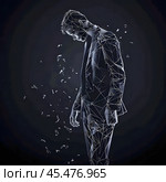 Business career collapse concept. A young man in a suit is breaking into parts isolated on a black background. Low poly wireframe illustration. Work failure. Стоковое AI-изображение, AI-художник Александра Рублева / Фотобанк Лори