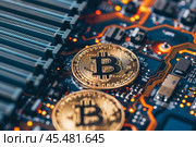 Bitcoin cryptocurrency coins lying on computer motherboard. Стоковое AI-изображение, AI-художник Иван Рябоконь / Фотобанк Лори