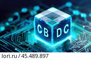 A glowing cube marked CBDC on a circuit board symbolizing technology. Central Bank Digital Currency. Стоковое AI-изображение, AI-художник Ольга Сухарева / Фотобанк Лори