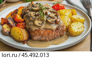 Chef presenting grilled steak with mushroom sauce. Стоковое AI-видео, аниматор Юрий Поздников / Фотобанк Лори