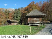Traditional swiss country houses in the open-air museum of Ballenberg. Autumn alpine landscape. Municipality of Hofstetten bei Brienz, canton of Bern, Switzerland. Стоковое фото, фотограф Bala-Kate / Фотобанк Лори