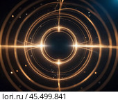A complex design featuring interlocking circles and lines represents the intricate concepts of quantum physics. The dark backdrop enhances the luminous patterns of connection. Generative AI. Стоковое AI-изображение, AI-художник Юлия Петровская / Фотобанк Лори