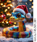 A snake, the symbol of the year 2025 according to the Eastern calendar, in a New Year's hat. The snake symbolizes wisdom, vitality, immortality and healing power. New Year card. Стоковое AI-изображение, AI-художник Сергей Елизарьев / Фотобанк Лори