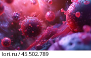 An intricate array of viruses and spike proteins is depicted against abstract cellular structures in human blood, highlighting their complex interactions and vibrant appearance. Стоковое AI-изображение, AI-художник Sergey Grishin / Фотобанк Лори