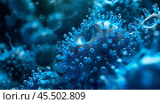 Complex representations of viruses and spike proteins are showcased amid abstract blue cellular structures, emphasizing microscopic details and intricate patterns on a cellular level. Стоковое AI-изображение, AI-художник Sergey Grishin / Фотобанк Лори