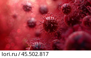 The composition reveals a close-up of viruses and spike proteins within abstract cellular forms, showcasing stunning reds and intricate details in high definition. Стоковое AI-изображение, AI-художник Sergey Grishin / Фотобанк Лори