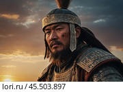 A Mongol warrior of the 14th century at sunset. Стоковое AI-изображение, AI-художник Александр Поташев / Фотобанк Лори