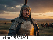 A Mongol warrior of the 14th century at sunset. Стоковое AI-изображение, AI-художник Александр Поташев / Фотобанк Лори