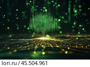 Futuristic digital tree constructed from data streams and glowing virtual patterns, rooted in a networked environment. Concept of technology and sustainability. Стоковое AI-изображение, AI-художник Башкирова Анна / Фотобанк Лори