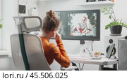 Creative Possibilities of AI in Visual Arts: Exploring Possibilities of artificial intelligence for Creative Process. Young woman creates images using different prompt parameters to achieve result. Стоковое AI-видео, аниматор Енваев Андрей / Фотобанк Лори