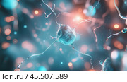 A single neuron is depicted in vibrant teal, its numerous dendrites extending outward. Стоковое AI-изображение, AI-художник Сергей Толмачёв / Фотобанк Лори