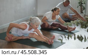 Elderly woman stretches and prepares to perform Jana Shirshasana. Стоковое видео, видеограф Яков Филимонов / Фотобанк Лори