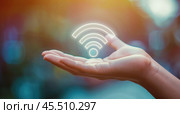 Символ Вай Фай (Wi-FI) на ладоне. Стоковое AI-изображение, AI-художник Александр Жуков / Фотобанк Лори