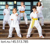 Tween girls and boys practicing taekwondo during outdoors group class. Стоковое фото, фотограф Яков Филимонов / Фотобанк Лори