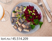Nicely served sliced salted herring with beet salad on side. Стоковое фото, фотограф Яков Филимонов / Фотобанк Лори
