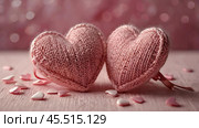 The banner. Background for Valentine's Day. Knitted hearts with festive lights in the form of a side in the background. a mock-up of an invitation card for a Valentine's Day party, a place to copy. Стоковое AI-изображение, AI-художник Photojuli / Фотобанк Лори