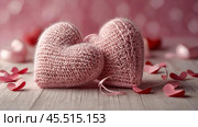 The banner. Background for Valentine's Day. Knitted hearts with festive lights in the form of a side in the background. a mock-up of an invitation card for a Valentine's Day party, a place to copy. Стоковое AI-изображение, AI-художник Photojuli / Фотобанк Лори